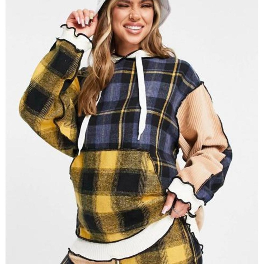 Jaded London Deconstructed Patchwork Plaid Hoodie sz‎ 2